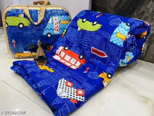 Blue car print reversible cotton comforter, soft & super soft for kids beds, ideal for all seasons