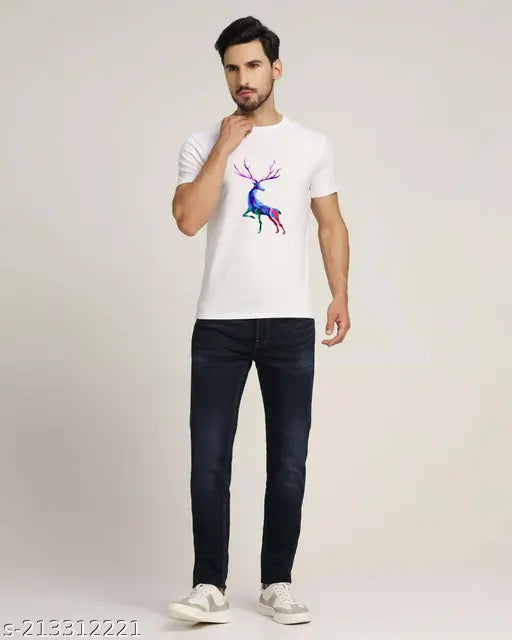 White polyester DeerShortPrinted round neck t-shirt with eye-catching printed design, fitting comfortably on a man's torso