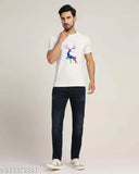 White polyester DeerShortPrinted round neck t-shirt with eye-catching printed design, fitting comfortably on a man's torso