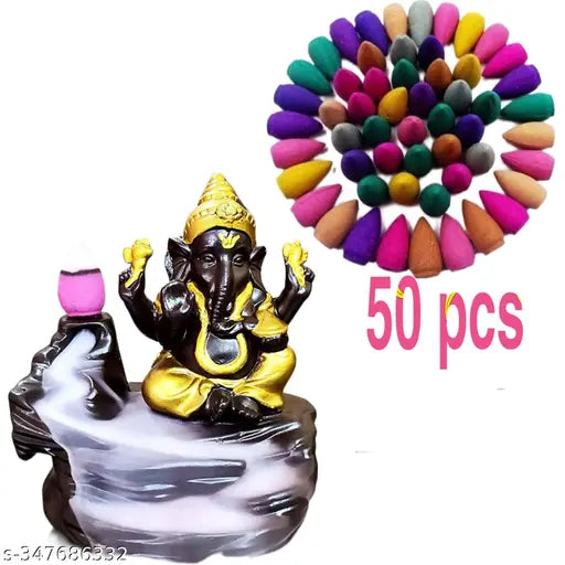 Resin Ganesh backflow incense burner with 50 cones, Indian art for home decoration