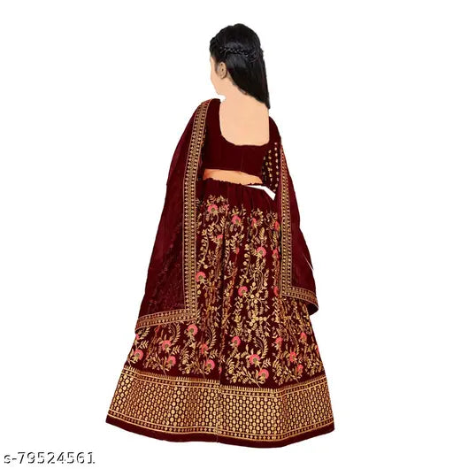 Velvet embroidered lehenga choli set for girls, three-quarter sleeves, Indian tradition