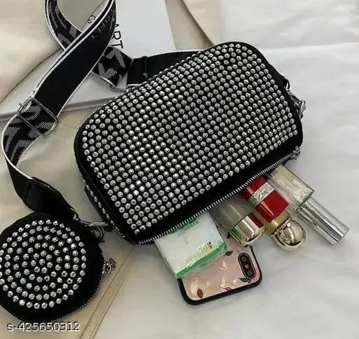 Glossy silver PU sling bag, diamond detailing for girls. Fashionable accessory, free size (9x3x5 in)