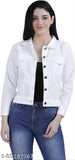 Denim women's jacket, comfy and fashionable solid-colored piece. Long sleeves, sizes S and L available