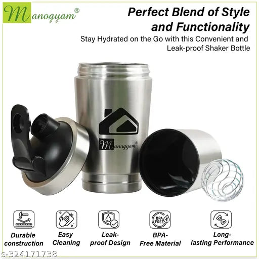 Silver stainless steel protein shaker bottle, BPA-free, dual scale, leak-proof