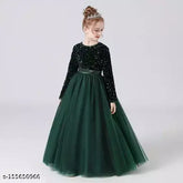 Green net fabric sequin work dress for girls partywear, full-length, round neck, long sleeves