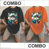 Cotton blend oversized t-shirt pack (2), trendy and fancy for women & girls, printed pattern three-quarter sleeves