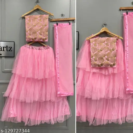 Embroidered Art Silk choli with net dupatta and lace accents, up to 39 inch waist, semi-stitched Lehenga with umbrella flair