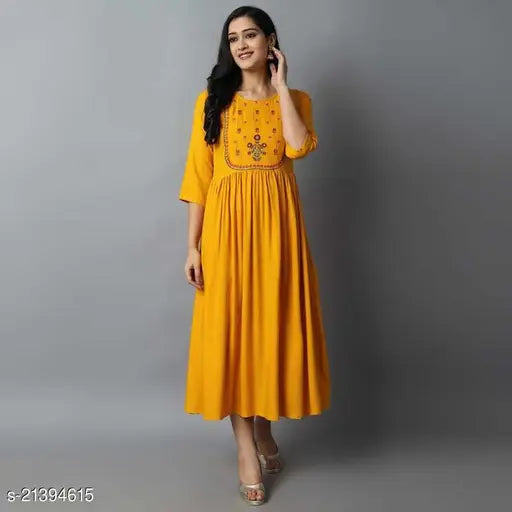 Rayon embroidered three-quarter sleeve kurti, Indian traditional women's fashion