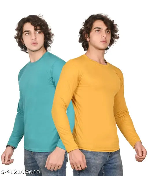 Sea green and mustard yellow long-sleeve polyester t-shirt for men and boys, solid design on display