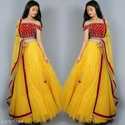 Yellow-Red net semi-stitched Maliya lehenga choli with embroidered satin top, lace dupatta. Indian bridal wear on mannequin