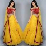 Yellow-Red net semi-stitched Maliya lehenga choli with embroidered satin top, lace dupatta. Indian bridal wear on mannequin