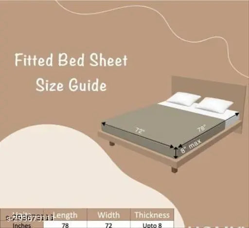 Glace cotton, white fitted king size double bedsheet with 2 pillow covers (72x78), ideal for modern/classic home decor. Premium quality elastic fitted bedsheet with digital print design