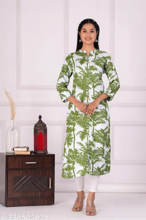 Straight premium rayon floral printed kurti in three-quarter sleeves, vibrant Indian fashion on mannequin