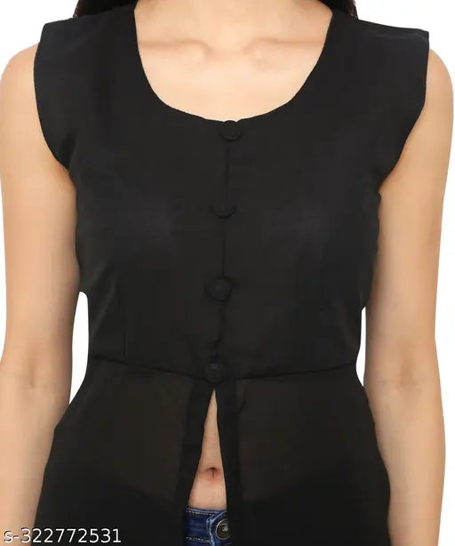 Georgette blend, sleeveless round neck kurti with front slit, elegant women's fashion from India