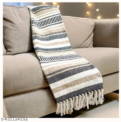 White striped cotton throw blanket, soft, elegant, multipurpose, 52" x 64", perfect gift option