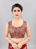 Maroon Georgette foil printed saree with unstitched blouse, embellished sequined blouse piece for Indian fashion, single free size (Saree length: 5.5m, Blouse length: 0.8m), handcrafted in India