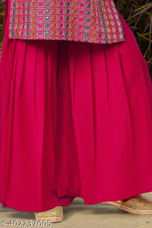 Pink multicolor thread, zari mirror and sequins Sharara suit set for girls. Crepe fabric anarkali top with palazzos bottom, embroidered pattern, sleeveless. Indian ethnic wear for kids aged 3-4 or 4-5 years