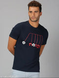 Navy blue printed round cotton t-shirt for men, short sleeves, vibrant design from UrGear, India