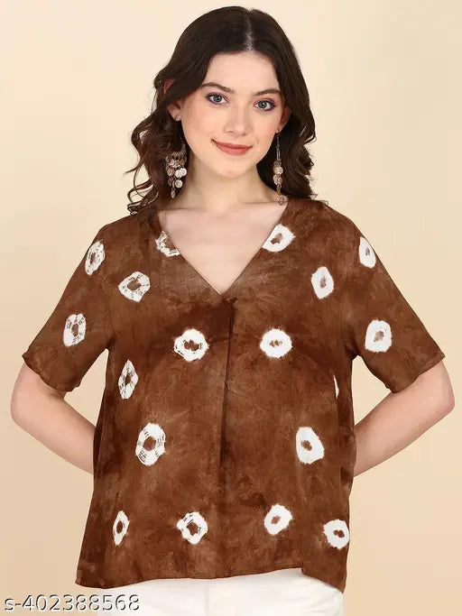 Tie-dye rayon half sleeve top, vibrant Indian craftsmanship, short sleeves in earthy colors