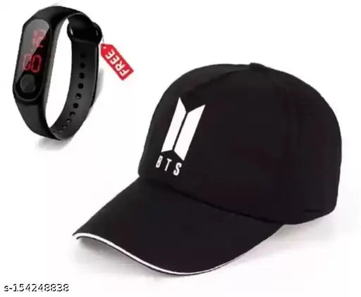 BTS Sports Embroidered Cotton Baseball Cap with Free LED M2 Watch for Men and Boys - Indian self-design BTS cap and watch set on display