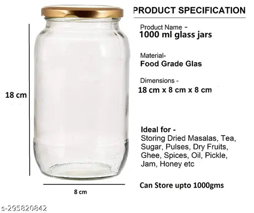 Golden airtight and rust-proof 1000ML glass pickle jars, pack of 10 for kitchen storage