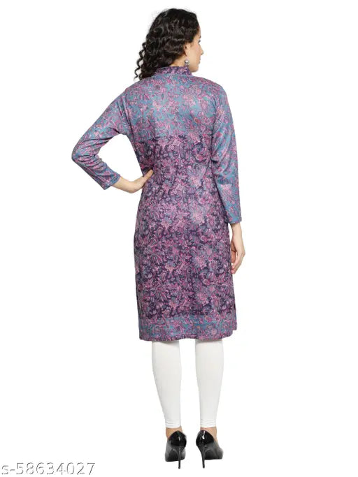 Blue wool A-line printed women's kurti with long sleeves, premium quality fabric for versatile wear