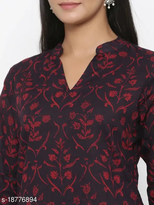 Maroon cotton Jaipuri floral print straight kurta sharara set for festive party casual wear, three-quarter sleeves