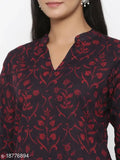 Maroon cotton Jaipuri floral print straight kurta sharara set for festive party casual wear, three-quarter sleeves