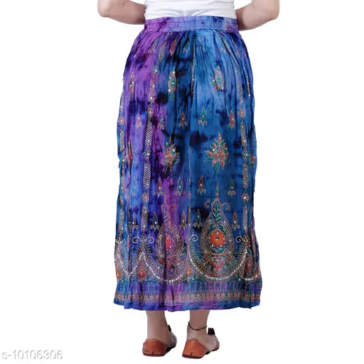 Purvahi rayon crepe flared skirt, ethnic tie-dye printed, high waist, free size, Indian origin