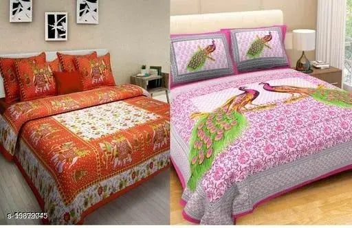 Jaipuri printed cotton double bed sheets set of 2, vibrant peacock pattern, high-quality Indian-made flat sheets with 4 pillow covers and 144 thread count