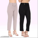 Poly blend slim fit flap trousers for women and girls, pack of 2 in solid colors. TwentyFour Creations women's trousers available in multiple sizes (26-36in waist, 36in length, hip size varies). Indian origin