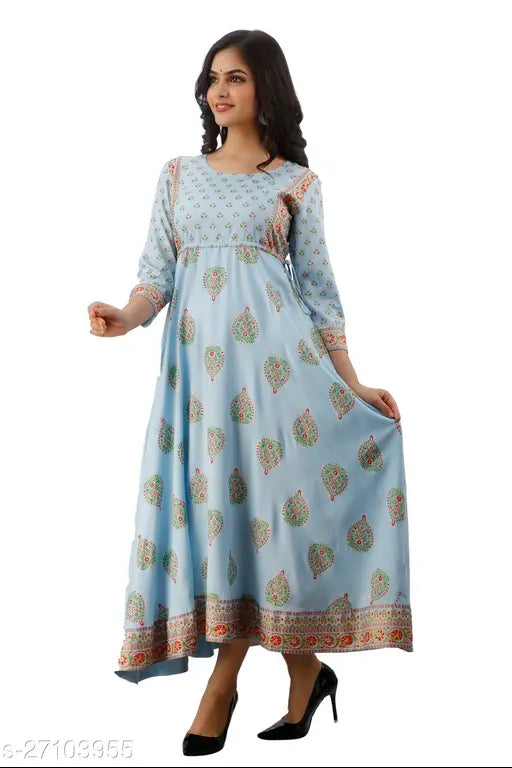 Rayon women's flared kurta, single print design, three-quarter sleeves, India origin