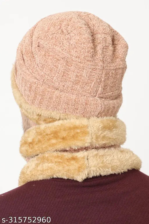 Wool Winter Knit Neck Warmer Scarf & Skull Cap (Self-Design, Onesize), Velvet, Indian Origin