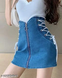 High waist dark blue denim skirt, dyed/washed denim, women's fashion accessory on model