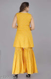 Mustard-hued rayon kurta set with sharara and dupatta, featuring butterfly print, India-origin