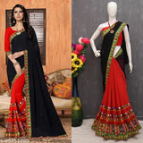 Georgette embroidered work party wear saree with running blouse, Indian handmade for versatile occasions