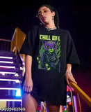 Black oversized cotton blend t-shirt "Chill Bill" for women, printed design on front
