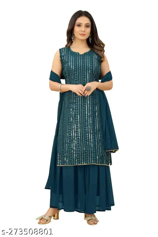 Georgette embroidered women's kurta and sharara set with dupatta, Indian traditional wear for sizes S-XXL