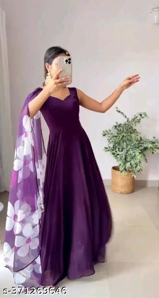 Georgette wine-colored gown with flower print, trendy for parties and weddings