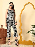 Black printed crepe jumpsuit by AAIAVN, sleeveless, size-friendly fashion for women