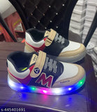 Synthetic TPR trendy LED light kids shoes, textured net pattern, lace-up design. Soft, comfortable footwear for boys ages 2-6 years