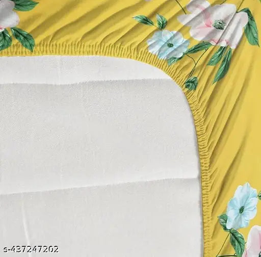 Floral Print Elastic Fitted Double Bedsheet (78x72x8 inches), soft cotton, breathable fabric, 2 pillow covers included. Ideal for summer, non-slip, wrinkle-free design, easy to maintain, durable. Made in India