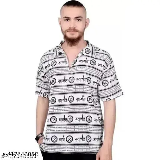 Black and white cotton Mahakaal printed oversized men's t-shirt by Haridwar Trends, casual wear for a bold orange and black checkered look