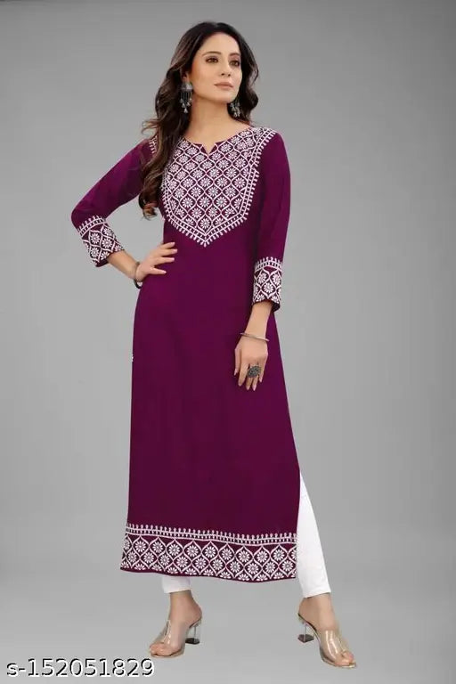 Embroidered rayon kurti for women, three-quarter sleeves, Indian designer fashion