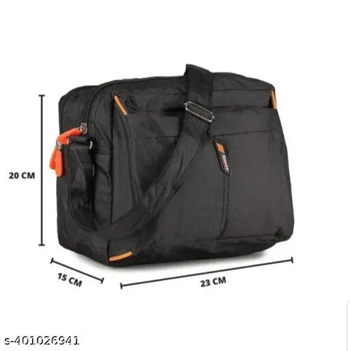 Black polyester unisex sling bag, cross body multipurpose handbag for office or travel. Three compartments with zipper closure and free size (10in x 5in x 10in). Solid black style suitable for both men and women