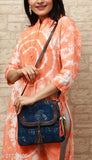 Faux leather indigo tassel sling bag, printed net pattern, free size (10x1x10in), made in India