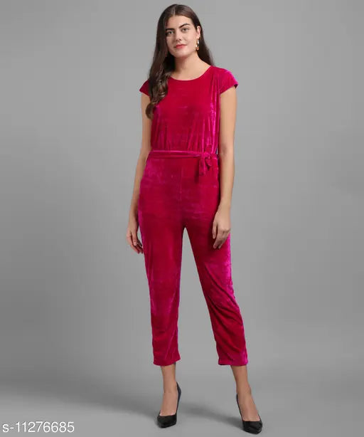 Pink plain velvet jumpsuit for women, India-made, solid color, short sleeves