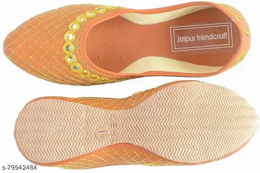 Embellished tan synthetic Punjabi Jutti for women, comfortable slip-on footwear with textile inner, suitable for outdoor/party wear
