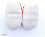 Stylish orange PU baby booties with velcro fastening and embellished net, suitable for 0-12 months old