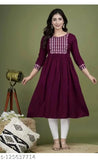 Maroon rayon Anarkali Kurta with embroidery, three-quarter sleeves for women